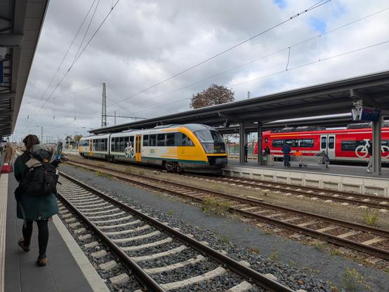 Bahnhofsszene. Im linken Bildrand ein Bahnsteig mit Dach, rechts davon ein frisch saniertes Gleis. Die Schwellen sind noch richtig hellgrau. Zwei Gleise weiter rechts steht ein Siemens Desiro der ODEG. Rundlicher Zug, klein und übersichtlich. Noch weiter hinten an einem anderen Bahnsteig steht ein roter Zug von DB Regio. Ganz links auf dem Bahnsteig läuft eine Person. Bedeckter Himmel, mit einzelnen Wolkenlücken.