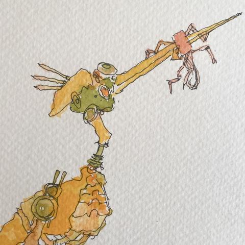 Detalle de la ilustracion, robot-grulla con su cuello y pico extendido hacia arriba, con su presa enterrada en el pico. Los colores son amarillos en manchones de distintos tonos y linea negra de tinta.