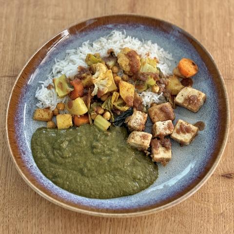 A close-up of my plate with the meal as described in the post.