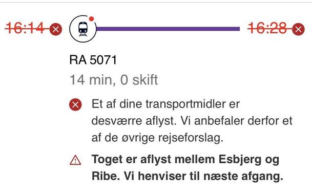 Cancelled train in travel planner