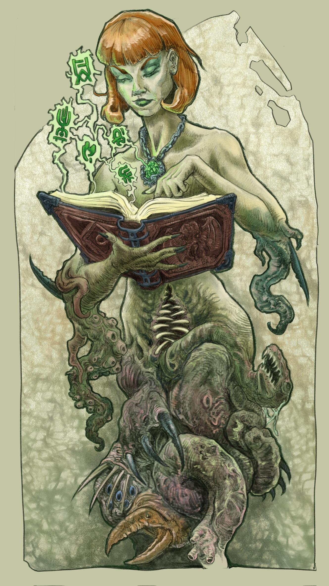 A woman with pale skin a greenish tint and green embellishment on her eyelids and lips. She has a short orange-ginger bob haircut and all she's apparently wearing is a heavy necklace chain suspending a large rough-cut green gem in a silvery metal setting. She's holding a heavy-looking leather and metal-bound tome open in one hand at chest height and seems to be pointing out a text with the finger of the other hand. Magical green letters of an unpronounceable language are floating up from the pages of the book, connected to each other and to the necklace gem by rough edged bubbles and umbilici.  Her body below where it is occluded by the book shows the progress of the spell being invoked, as she transforms into a writhing mass of warped parts of hideous sea monsters: tentacles, teeth, spikes, claws, grasping mouths, and dead blue unblinking eyes. If you read this far you must agree with me that it is cool and gross.