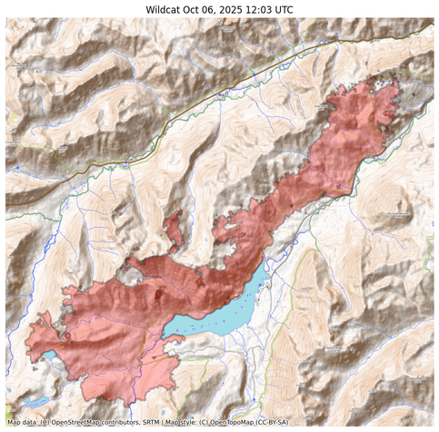 Visual map representation of the Wildcat wildfire, showing the perimeters of the 15472.0 acre fire on a map.