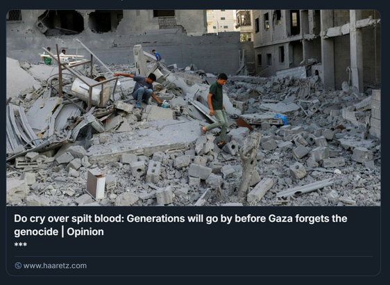 Screenshot di un articolo d’opinione del sito Haaretz, intitolato “Do cry over spilt blood: Generations will go by before Gaza forgets the genocide”. L’immagine mostra una scena urbana devastata, con edifici crollati e persone che camminano tra le macerie, probabilmente alla ricerca di sopravvissuti o oggetti personali. Il contesto visivo rafforza il tono emotivo e accusatorio del titolo, che denuncia la memoria lunga e dolorosa del conflitto a Gaza.
FOTO: Ebrahim Hajjaj/ REUTERS