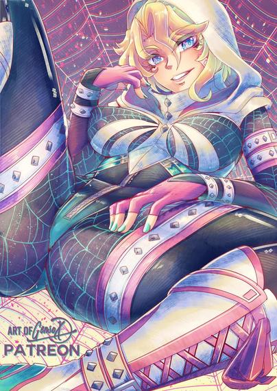 Close-up digital illustration of Spider-Gwen (Ghost-Spider). She is looking directly at the viewer with a coy expression, her blonde hair and white hood framing her face. Her suit has a strong synthwave/retrowave aesthetic, dominated by black, neon pink, and bright cyan highlights and web patterns. She is positioned dynamically, with one leg bent, emphasizing the metallic studs and thick pink bands on her boots.