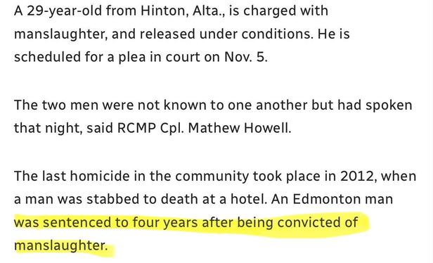 A 29-year-old from Hinton, Alta., is charged with
manslaughter, and released under conditions. He is
scheduled for a plea in court on Nov. 5.

The two men were not known to one another but had spoken
that night, said RCMP Cpl. Mathew Howell.

The last homicide in the community took place in 2012, when
a man was stabbed to death at a hotel. An Edmonton man