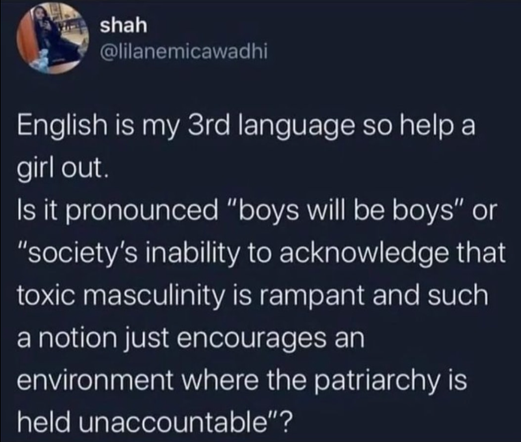 English is my third language so help a girl out. Is it pronounced "boys will be boys" or "society's inability to acknowledge that toxic masculinity is rampant and such a notion just encourages an environment where the patriarchy is held unaccountable"?