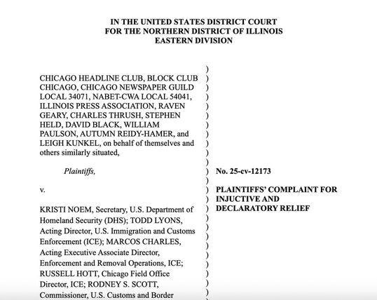 An image of a legal document titled "IN THE UNITED STATES DISTRICT COURT FOR THE NORTHERN DISTRICT OF ILLINOIS EASTERN DIVISION." It lists various plaintiffs and defendants related to a case involving U.S. Department of Homeland…