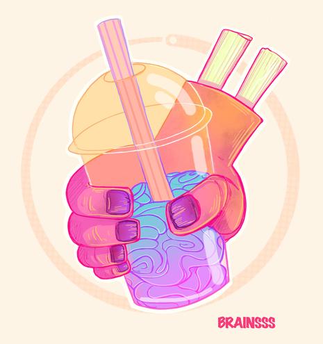 Illustration of an amputated zombie hand holding a smoothie cup in orange and purple colors in stylized, whimsical style. The smoothie’s fictional brand Brainsss is written in a corner of the illustration.