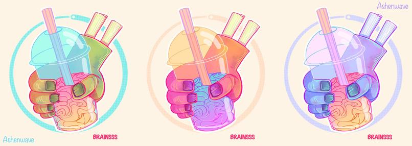 3 color variations of an illustration of an amputated zombie hand holding a smoothie cup in a stylized, whimsical style. Brainsss is written on the corner of the illustrations.