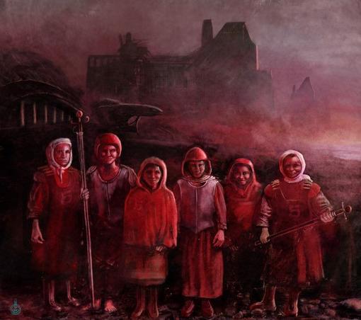 A digital painting depicting disheveled underage workers on a beach in front of sci-fi buildings.