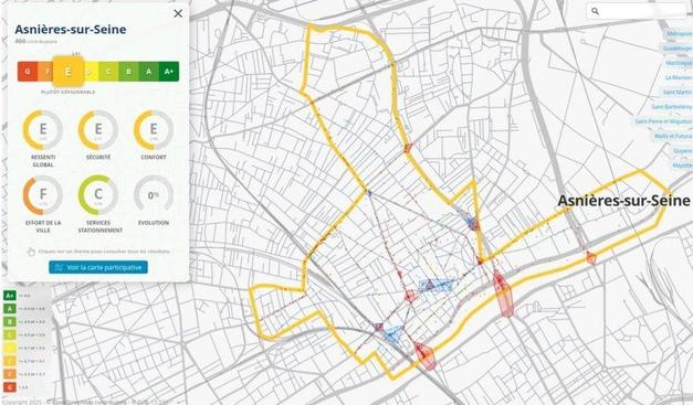 Plan de la ville d'Asnières avec les différentes notations dont la notation globale pour la ville "E"