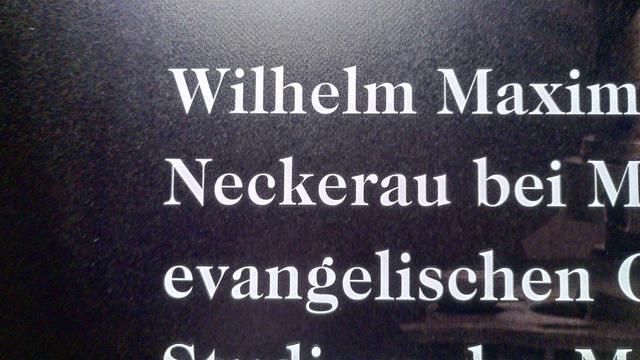 Detailaufnahme der Infotafel. Das falsch geschriebene Wort "Neckerau" ist in der Bildmitte zu erkennen. Statt mit "a" als zweitem Vokal ist es mit "e" geschrieben.
