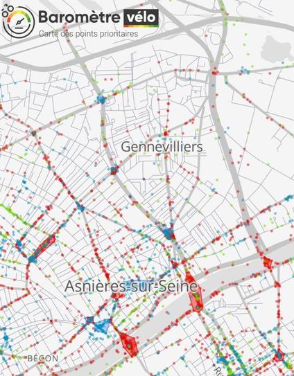 Carte des points noirs à vélo de la ville d'Asnières