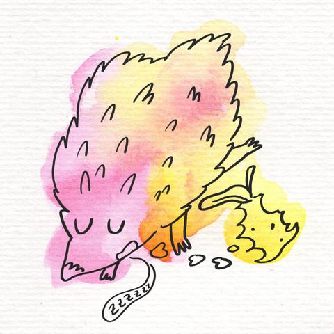 Illustration of a cute hedgehog sleeping after eating an apple. The painting consists of a yellow and pink watercolor blob drawn over with digital black fineline marker.