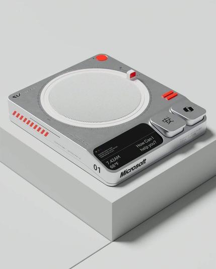 A sleek Microsoft gadget resembling a turntable with buttons and a digital display, resting on a minimalist pedestal.