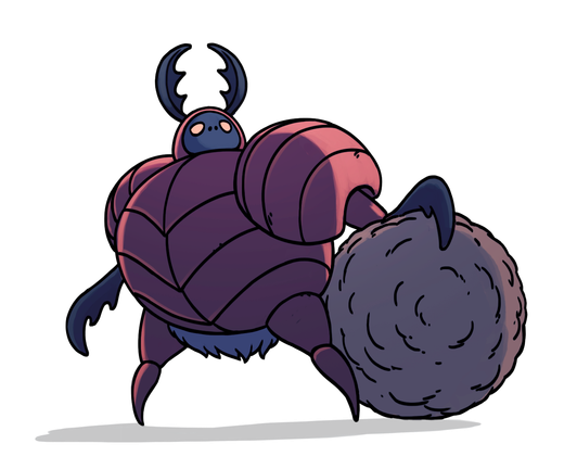 concept art du défenseur bousier de hollow knight, un gros truc tout rond à cornes qui te menace aves une boule de merde