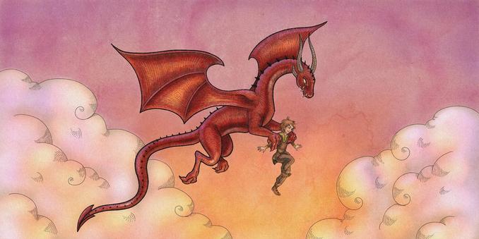 Ilustración digital que imita tinta y acuarelas de un dragón rojo volando en un cielo con luz del atardecer, llevando entre las garras delanteras a un chico con ropa de un mundo de fantasía. Tanto el dragón como el chico se ven muy divertidos. A cada lado de la ilustración hay nubes.