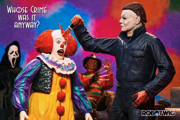 A riff on Whose Line is it Anyway titled Whose Crime was it Anyway? On stage are Pennywise who's getting stabbed in the head by Michael Myers. Ghostface and Freddy sit in the background