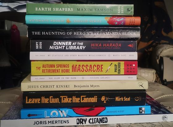 A small stack of eleven books and graphic novels of varying sizes and colours