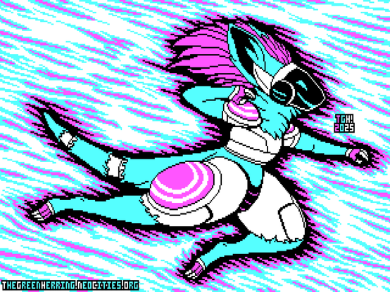 In a piece of four-color pixel art with a high-contrast palette, a protogen, a species of cyborg alien, soars through the air with their arm and knee forward and their other arm reared back, preparing to stab something with their sharp claws. The protogen, drawn in flat colors, has the appearance of a furred reptile with a face consisting of a shaped electronic display that shows a simple, smiling and determined facial expression. Their hair is a long stalk that is blown back by their movement, they appear to be wearing angular chest armor with pauldrons bearing ring patterns, their digitigrade legs are metallic with bulbs on the sides and furred forelegs, and their tail has fur missing in patches revealing its metal shell. They are outlined against an abstract background of an aura drawn with many long lines, implying the protogen is descending at high speed toward their target.