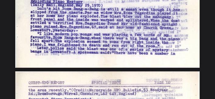 Faded mimeograph periodical, the QUEST-UFO REPORT, about the Exploding Piano Mystery of May, 1970, reprinted from the Merseyside UFO Bulletin.