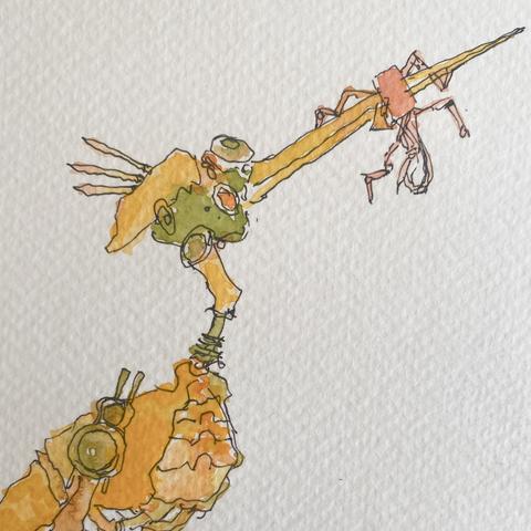 Detalle de la ilustracion, robot-grulla con su cuello y pico extendido hacia arriba, con su presa enterrada en el pico. Los colores son amarillos en manchones de distintos tonos y linea negra de tinta.