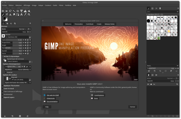 🕶️ A view of its user interface (v.3.0.0, with a dark theme, on my Linux PC) with its beautiful, highly professional home screen featuring a sunset image and simplified quick-access buttons and a few links. On the left-hand side of the interface, tools for selection, painting, brush adjustment, etc.  On the right-hand side (adaptable to the user's needs and selections), various brushes enable rapid image composition, and further down, the layers area where any superimposed images can be displayed or not. At the top of the screen, text menus provide access to all tool functions.

📚️ GIMP is a libre, and multi-platform raster graphics editor for the artistic creation of freehand images (supporting graphic tablets), photo retouching, or creation of animated images, with a wide range of tools (150 filters, format conversion, selection, transformation, filling, cloning, layers, masks, brushes, pencils, airbrush, ...). Its plugin and scripting system allows it to increase its capabilities and automate certain tasks. It is a quality tool continuously improved and put to the test in various projects.