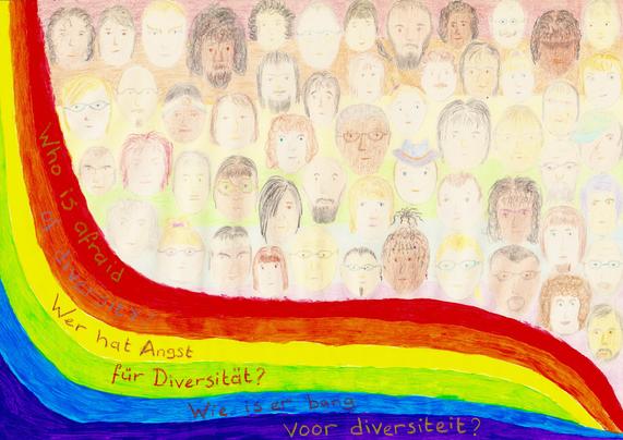 Veel verschillende gezichten en een regenboog met de tekst: "wie is er bang van diversiteit?"