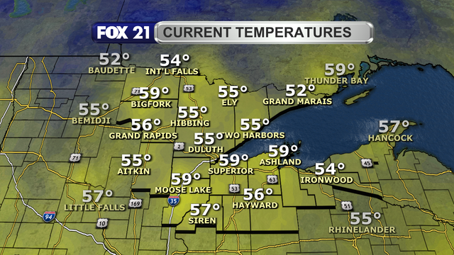 Temperatures in the Northland just after 1 p.m. on October 6, 2025, range from 52 to 59 degrees Fahrenheit.