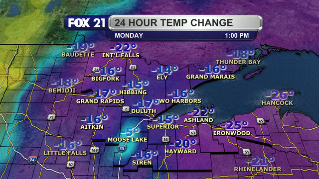 When compared to 24 hours earlier, the 1 p.m. temperature observations in the Northland on October 6, 2025, range 5 to 25 degrees cooler than this time Sunday. The measurement is in Fahrenheit.