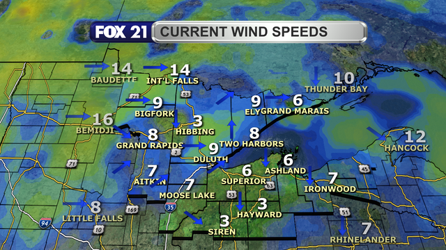 Wind speeds in the Northland just after 1 p.m. on October 6, 2025, range from 3 to 14 mph. Wind direction is primarily from the west, with a few spots seeing winds from the northwest and southwest.