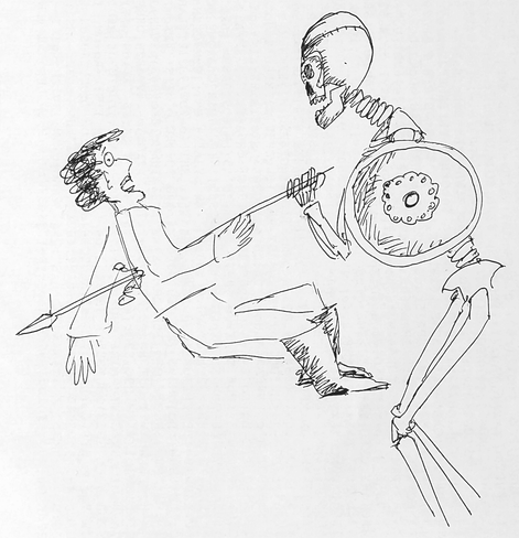 A bad drawing of a skeleton impaling someone on its spear. The skeleton also has a shield in a misguided effort to cover up the parts of the skeleton that are hard to draw.