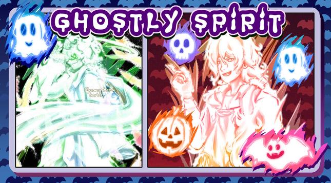 A "Ghostly Spirit" banner showing my two OCs, Null and Father, in a spirit form. There is also a ghostly ghost spirit in the top left and a ghostly bat spirit in the bottom right.