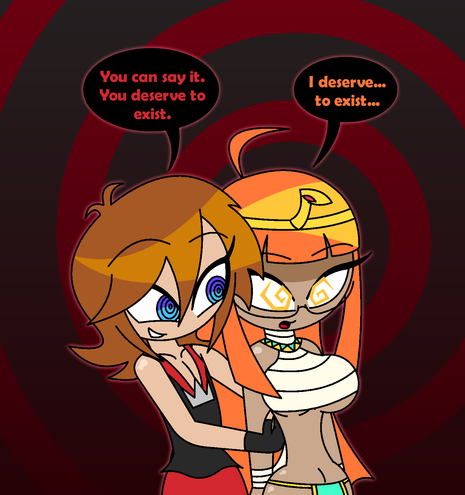 An aged up Sora holding onto a hypnotized Shadow Futaba, smiling as he gives her some affirmations.

Sora: You can say it. You deserve to exist.

S. Futaba: I deserve... to exist...