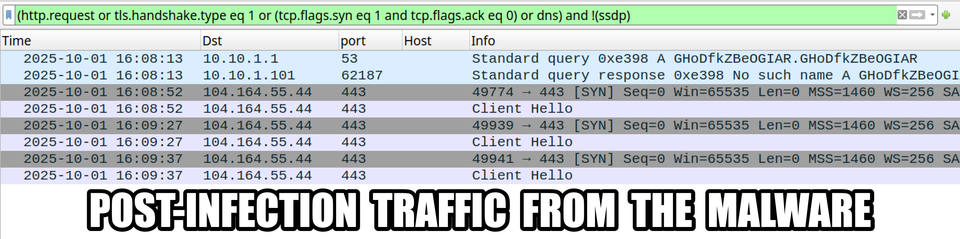 Traffic from the possible Rhadamanthys malware filtered in Wireshark.