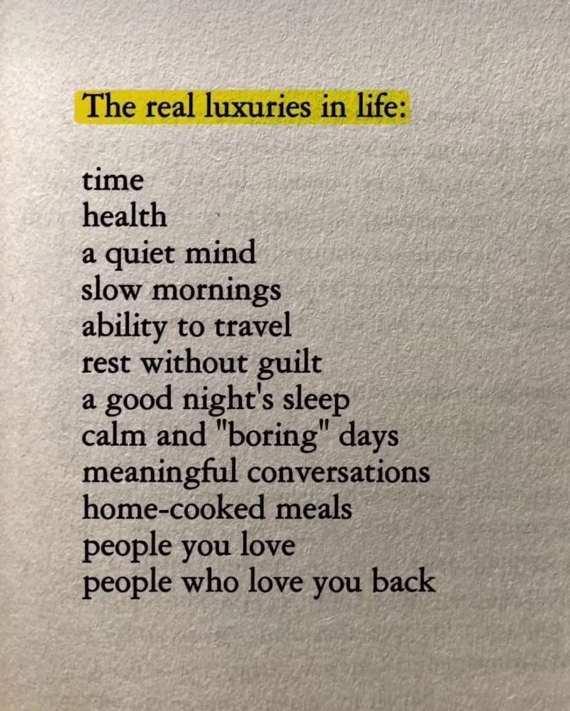 Screenshot of a page of a book, first line is highlighted: The real luxuries in life: time health a quiet mind slow mornings ability to travel rest without guilt a good night’s sleep calm and “boring” days meaningful conversations home-cooked meals people you love people who love you back