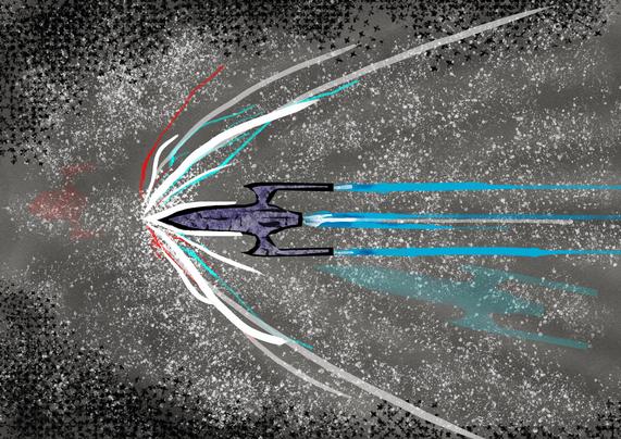 Messy inky illustration of a spaceship piercing the light barrier
the ship is purple and has blue thrust streaks behind it

there is a white jaggy messy warp at the nose of the ship as it breaches c
with red and blue streaks on the warp edges

there are red and blue ghosts of the ship moving forward and backward through time as it goes superluminal

this was created for Inktober 2025, Day 06
"Pierce"