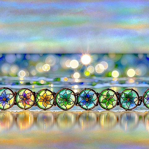 An abstract seascape with a bokeh background of sparkly luminous lights, with a row of floral stained glass style shields in the foreground.