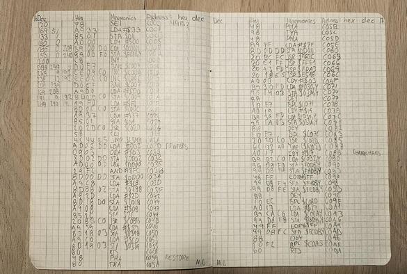 A hand-assembled 6502 machine code program, written in pencil on grid paper