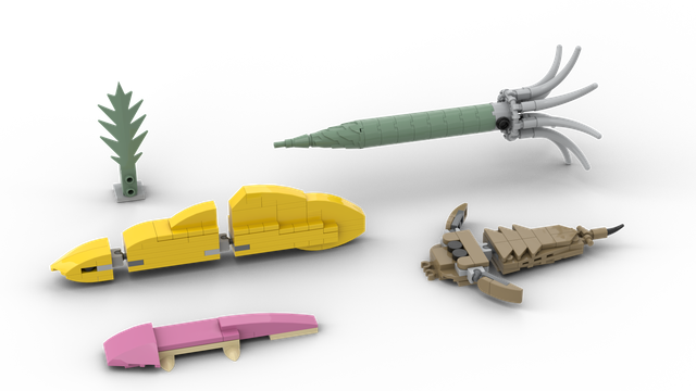 a render showing 5 lego fossil builds in two columns. From back to front, left side, Charnia,  Haikouichthys, Tictaalik, the right side Endoceras and Eurypterid