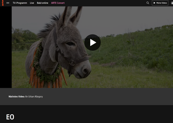 Screenshot von der Mediathek des deutsch-französischen Fernsehsenders ARTE, hier von der Startseite des Films "EO". Dieser kann ab sofort über die Mediathek angesehen werden: https://www.arte.tv/de/videos/116805-000-A/eo/ 
Der Film (83 Minuten, von 2022) handelt von der Reise eines Esels, der vorher in einem Zirkus gearbeitet hat und nun die Freiheit in der Natur erlebt. 
Der Screenshot zeigt die Großaufnahme eines Esel von schräg-vorne, der im Grünen steht und eine Kette aus Möhren um den Hals trägt.