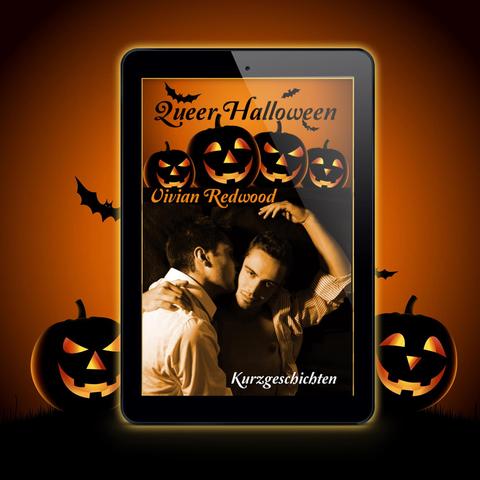 Das Buchcover zeigt eine Illustration mit Halloween-Fratzenkürbissen und zwei Männern: Einer der beiden küsst den anderen, während dieser den Betrachter auf sinnliche Weise anschaut.