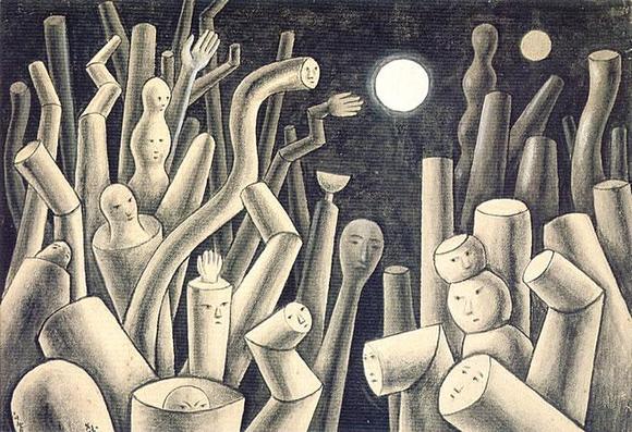 Surreal painting of a couple dozen white tubular stalks, like those of an anemone, with minimalist human faces. The background is like a night sky with full moon
