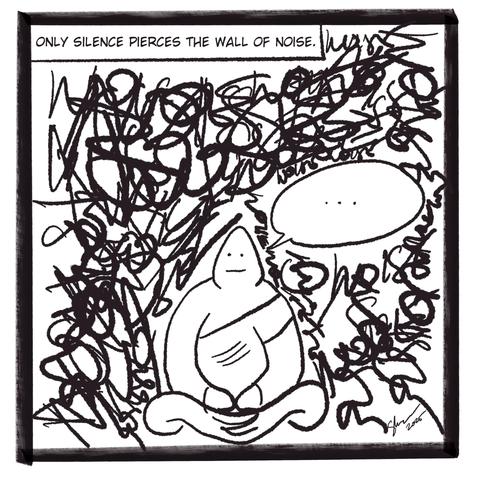 Black and white ink drawing of a figure surrounded by chaotic, scribbled lines. The figure appears to be in a reclining position, with a rounded head and a simplified body shape. Dense, swirling lines fill the entire background, creating a sense of overwhelming texture and movement. The figure's arms are outstretched and their expression is neutral. The text at the top of the image reads: “ONLY SILENCE PIERCES THE WALL OF NOISE”.

Provided by @altbot, generated privately and locally using Gemma3:27b