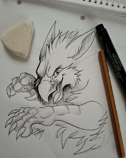 Traditional ink and pencil sketch of a gryphon close up showing head and claws