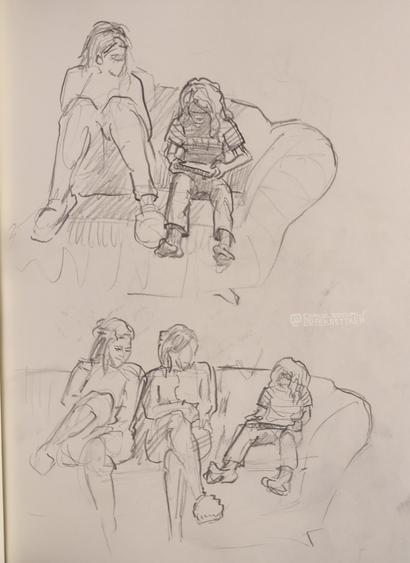 Pencil sketches on paper

Two sketches of a person sitting on a couch besides a child that's playing on a tablet.