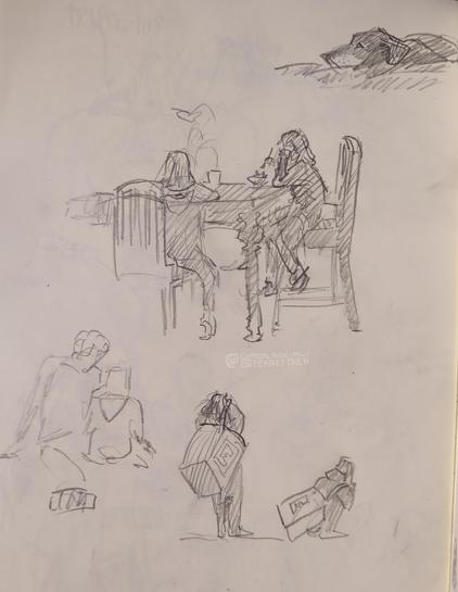 Pencil sketches on paper

Two children, sitting on a table eating.

A child sitting with a person

A child playing with a big bag.