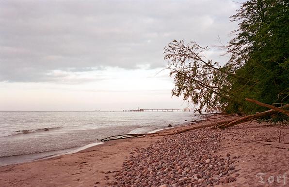 Ein Strand mit Sand, Steinen und Bäumen; kleine Wellen und eine Seebrücke im Hintergrund.