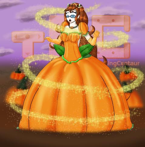 [2021 Art] Michiko looking in awe as magic surrounds her and turns her into a pumpkin princess in a pumpkin patch