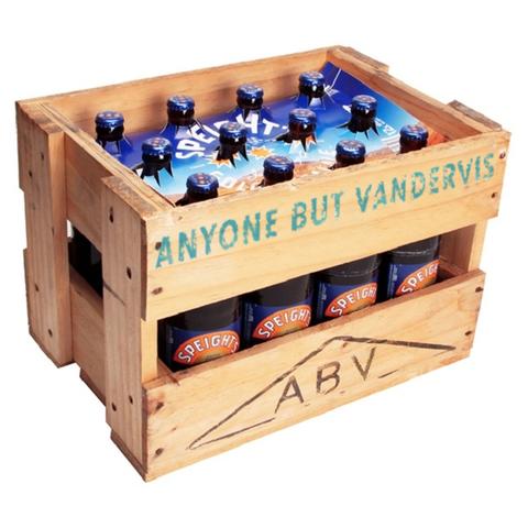 Picture of a crate of beer with the ABV changed to read "Anyone But Vandervis"